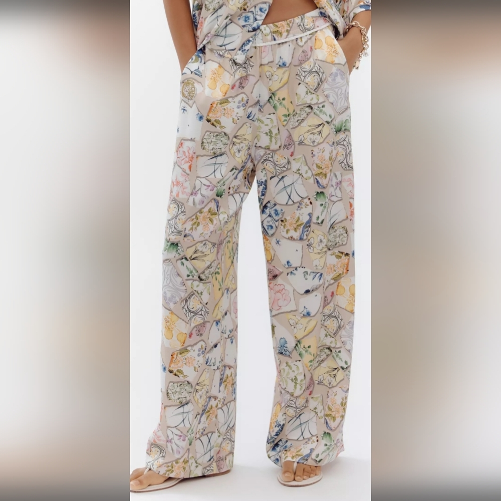 Maeve Anthropologie Low Slung Printed Wide Leg Trousers In Neutral Motif Size XL